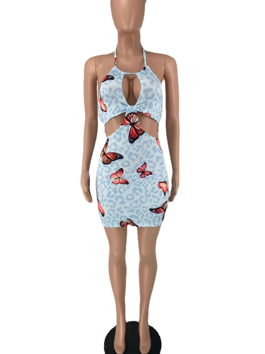 

Summer 2021 Charming Women Halter Dress Leopard And Butterfly Hollow Out Sleeveless Off Shoulder Sexy Lady Mini Bodycon Dress