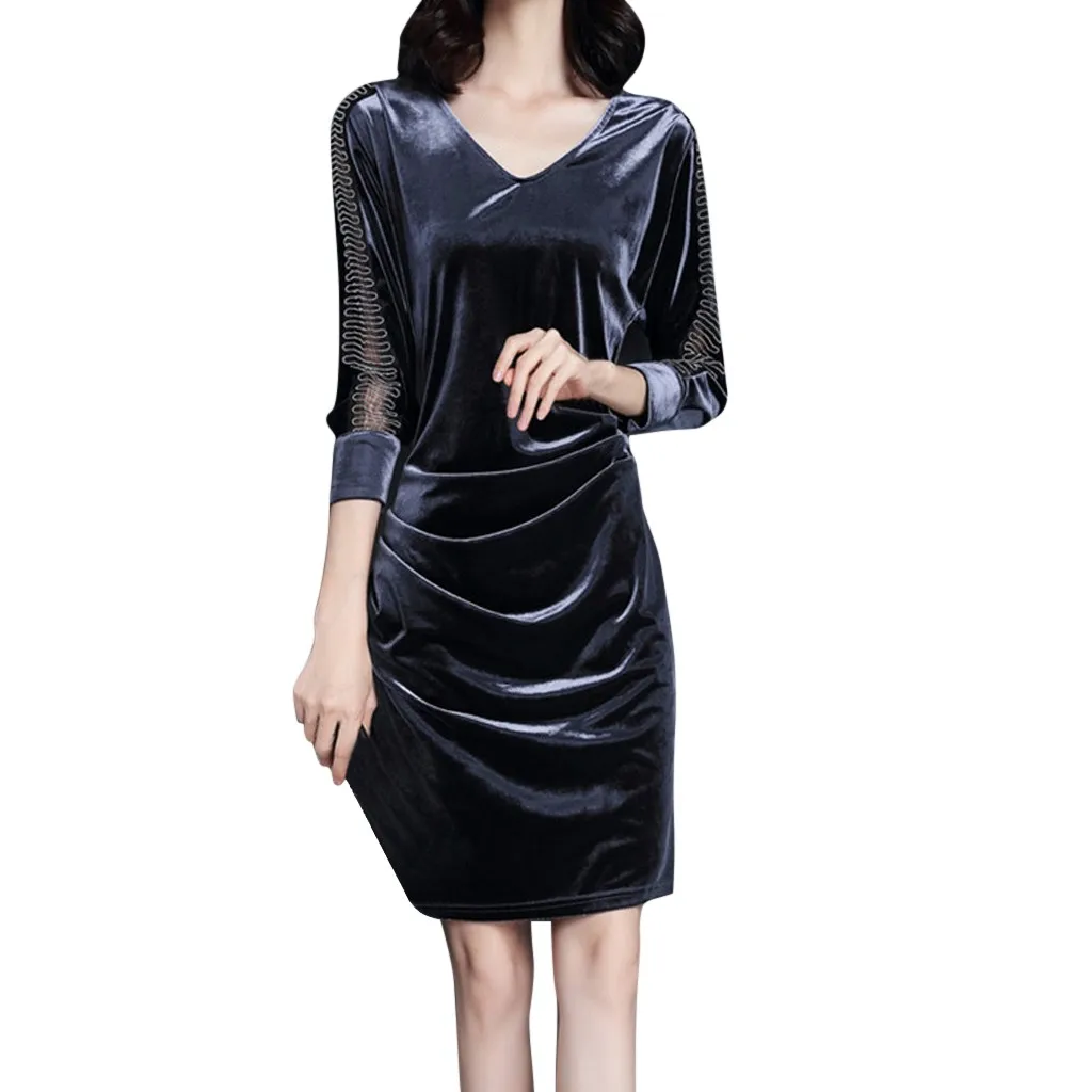 Винтажное женское бархатное платье модное осенне зимнее теплое с v образным