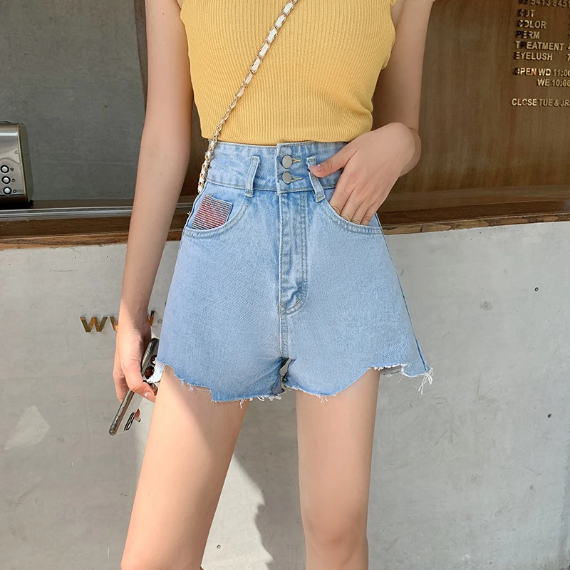 

2021 New Large Size Burr A-line Loose and Thin High Waist Hot Drilling Sequin Jeans Shorts Women's Summer Wide Leg Hot Pants