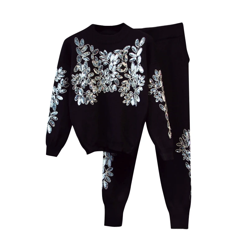 Женский осенне зимний комплект из 2 предметов трикотажный топ с блестками и