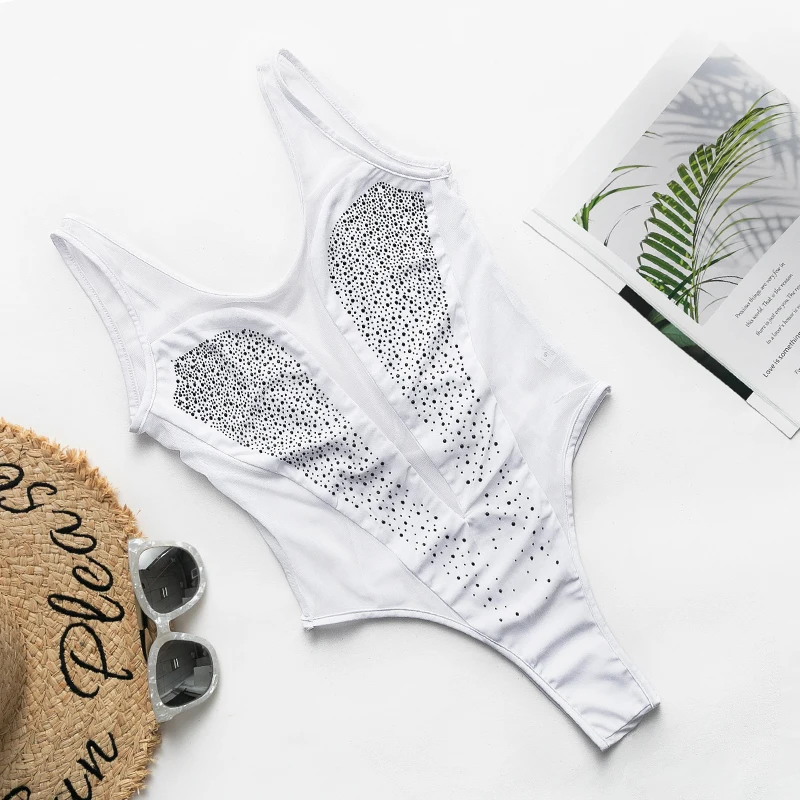 

Transparent Plus size bikini 2019 High cut swimwear women Mesh bodysuits one-piece swimsuit female monokini White bathers new