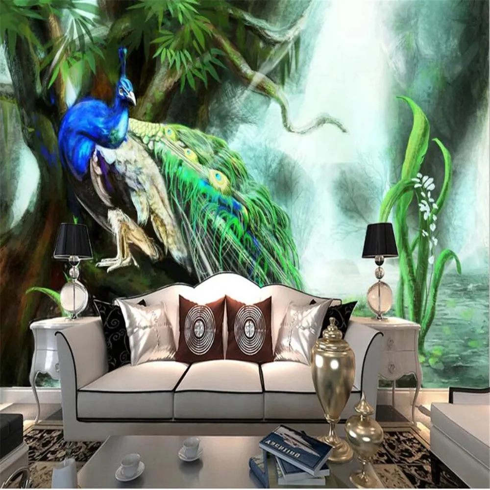 

milofi custom large wallpaper mural green forest peacock TV background wall