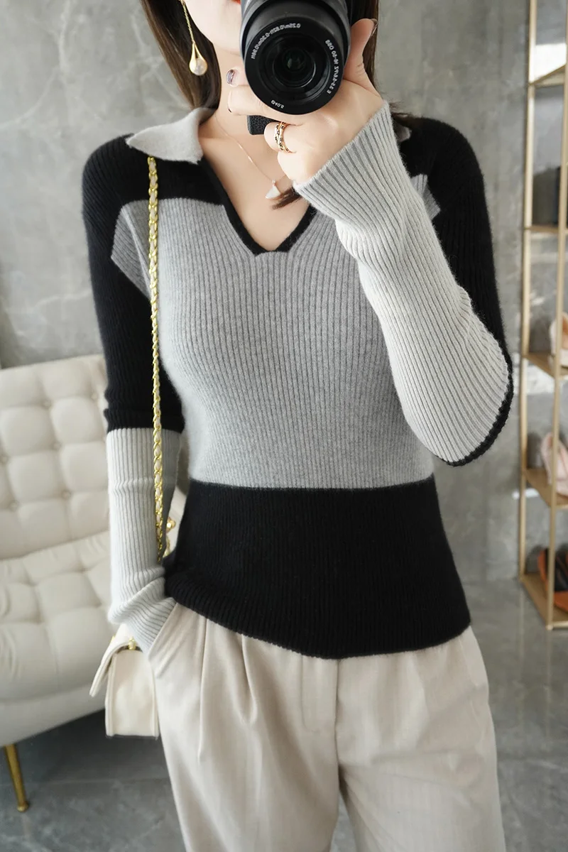 

Cashmere sweater women 2021 new 100% wool knitwear v-neck casual stitching plus size pullover Slim ladies tops POLO neck sweater