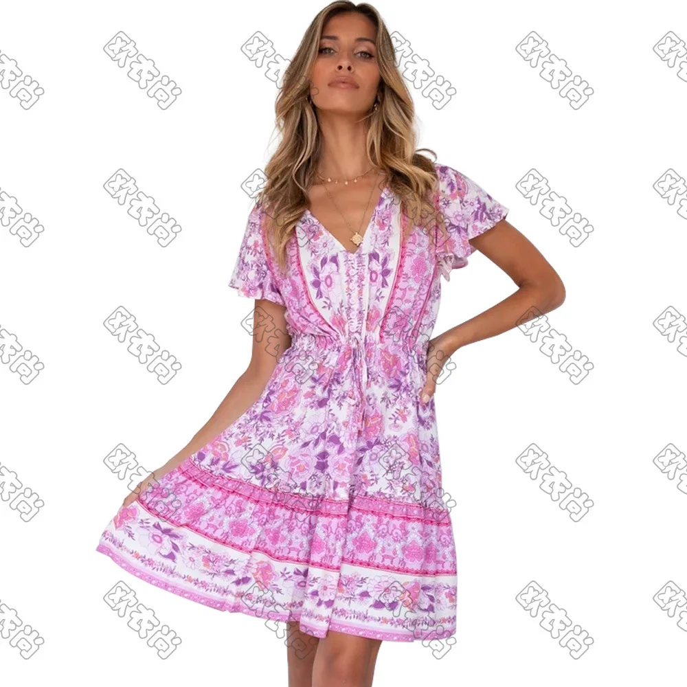 

Women Long Dress Short Sleeve V Neck Print Floral Bohemian Style Beach Pleated Hem A Line Sexy Sweet Streetwear Summer 2021