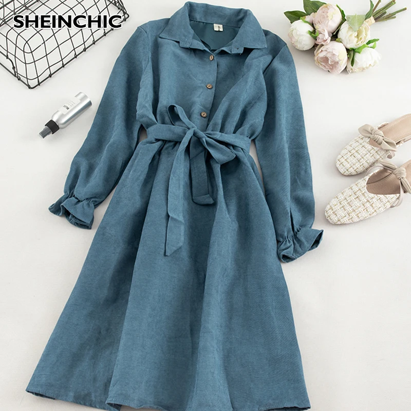 Винтажное однобортное женское платье 2019 элегантное с отворотом длинным рукавом