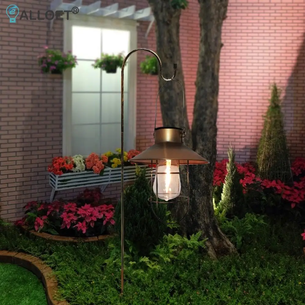 

LED Solar Lantern Light Wrought Iron Lantern Hanging Tungsten Bulb Lights Waterproof Outdoor Solar Lawn Lamp Landscape