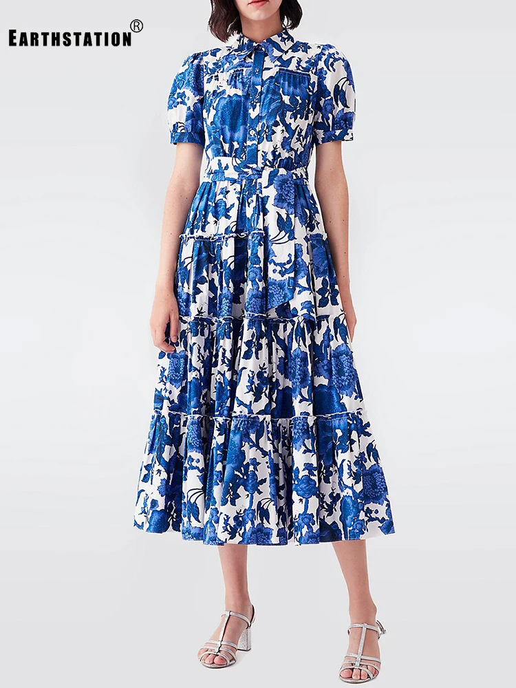 

Lapel Single-breasted Lace-up High Waist Retro Printed Multi-level Dress Ladies Summer New Fashion Loose Large Puff Skirt