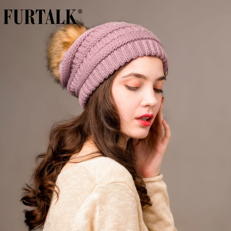 Женская вязаная мешковатая шапка бини FURTALK черная красная желтая с помпоном для