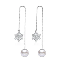 new arrival 30 silver plated fashion snowflake pearl crystal ladies long tassel stud earrings jewelry drop shipping gift