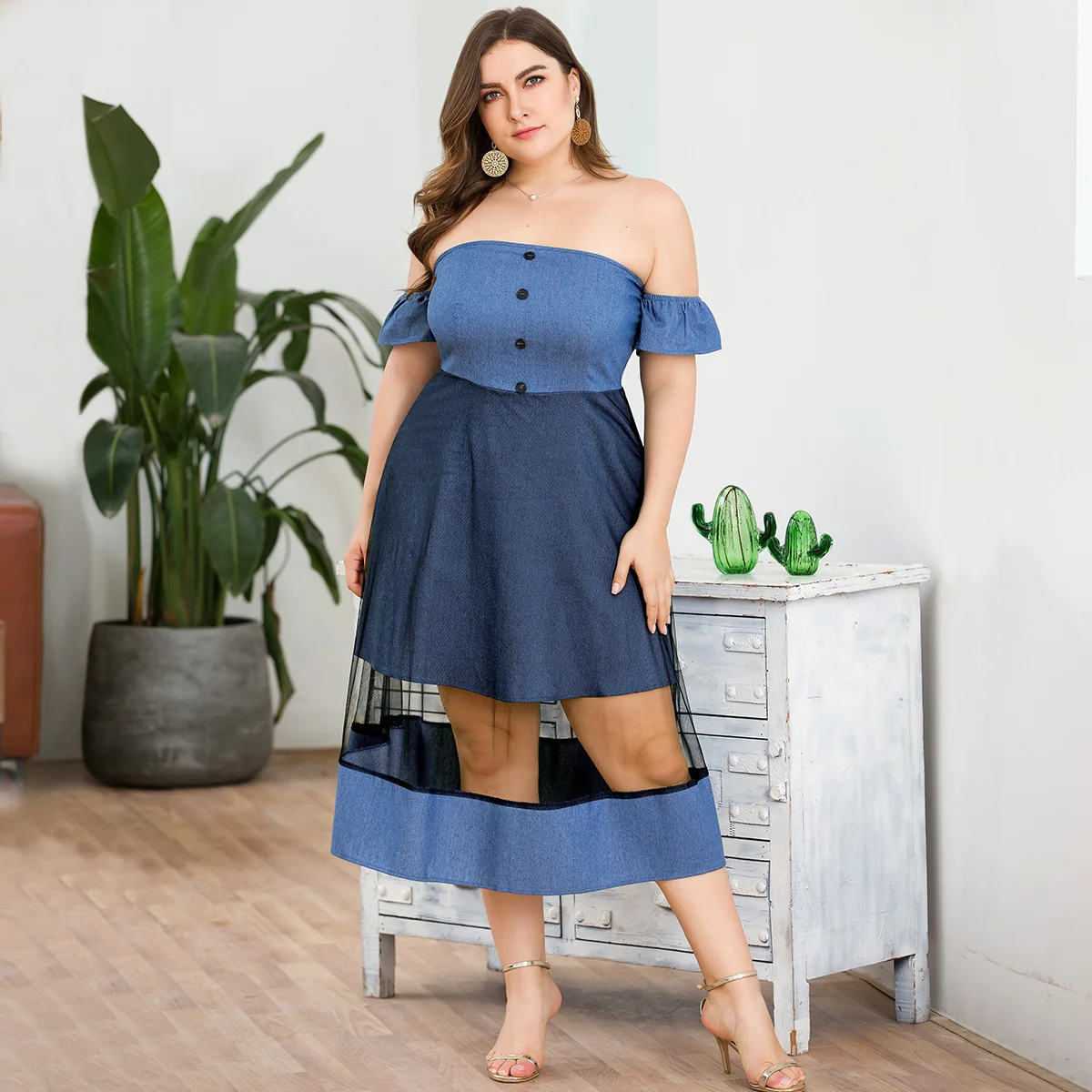 Летнее сексуальное Клубное джинсовое платье с открытыми плечами размера плюс 4xl