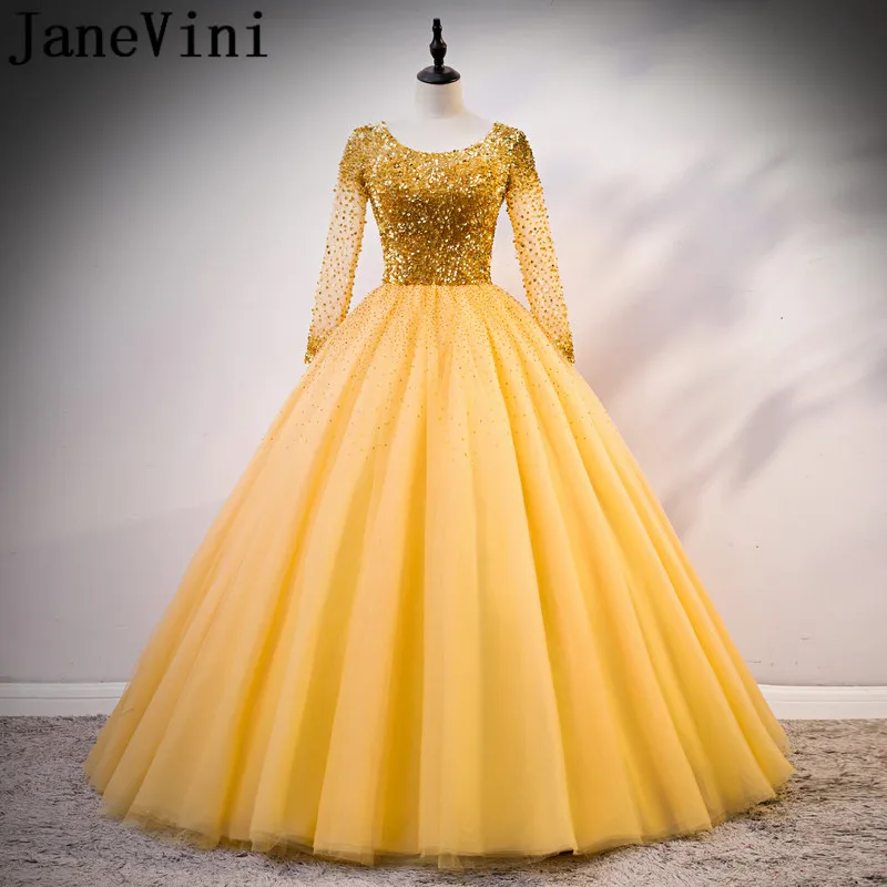 

JaneVini Luxury Gold Beaded Long Sleeve Quinceanera Dresses Sparkly Sequins Tulle Sweet 16 Dresses Gowns vestidos de debutantes