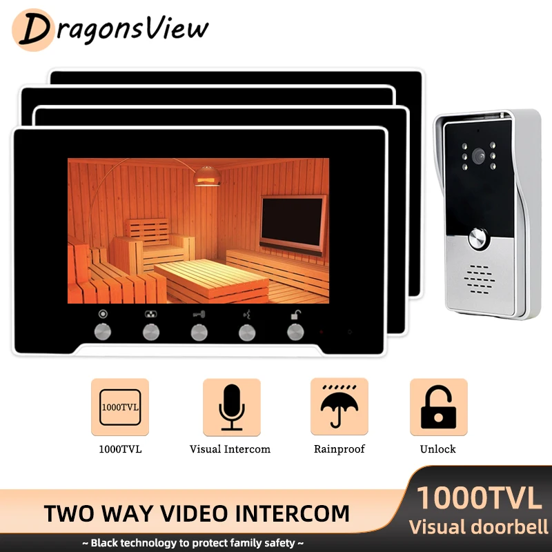 

DragonsView Intercom Video Entry Door Phone 7 Inch 4 Monitors with 1000TVL Outdoor Doorbell Camera for Home Security System