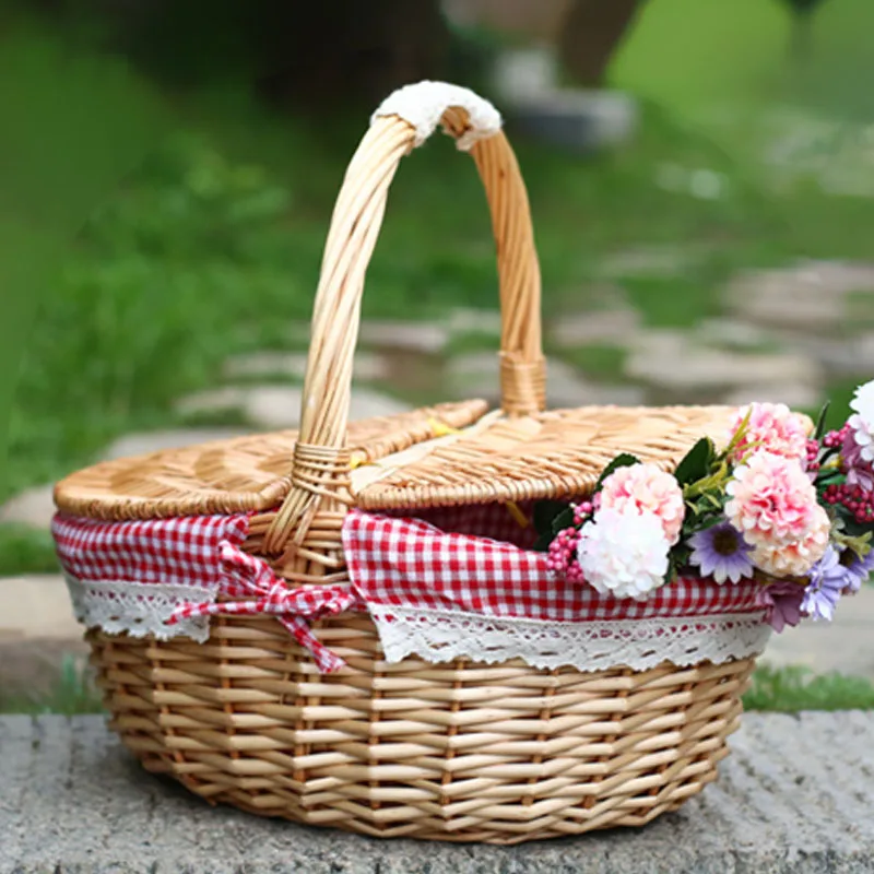 Плетеная из горного хрусталя плетеная корзина с крышкой и ручкой для пикника