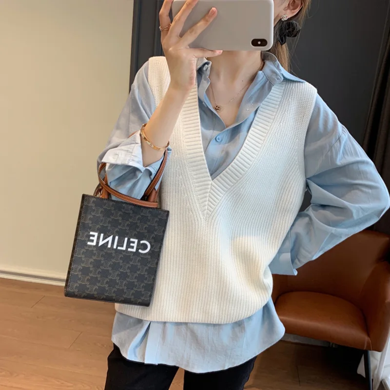 

Пуловер свитер Южная Корея Осень и зима v-образный вырез однотонный Жилет шерстяной пуловер Свободный уютный вязаный женский безрукавный ж...