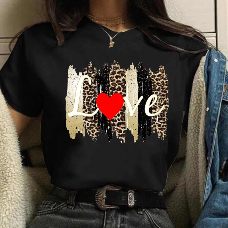 

Women's leopard print T-shirt, 3D cartoon printed clothing, with love, leisure, sexy, fashion trend