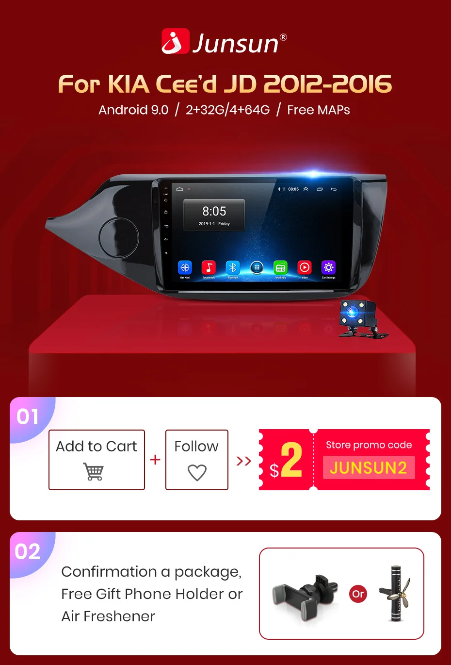 Junsun V1 2G+ 32G Android 9,0 DSP автомобильный Радио Мультимедиа Видео плеер навигация gps для KIA Cee 'd CEED JD 2012- 2 din без dvd