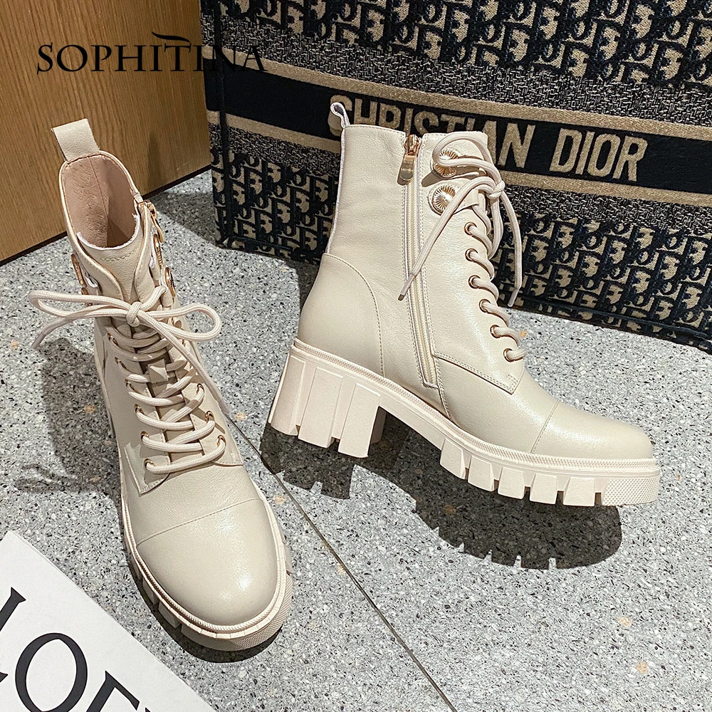 Harga Sepatu Wanita Kasual Baru SOPHITINA Sepatu Bot Pergelangan Kaki Berenda Kulit Asli Kualitas Tinggi Ujung Bundar Antiselip Sepatu Bot Musim Dingin Hangat MO654