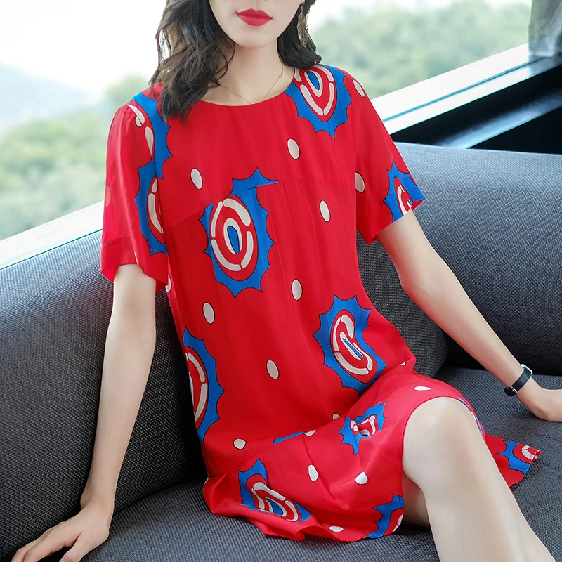 

Женское Повседневное платье с круглым вырезом, красное свободное платье составного кроя из 2022 натурального шелка с короткими рукавами и об...