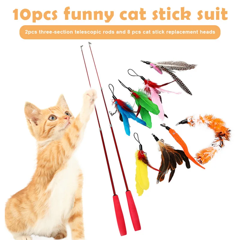 

10pcs Retractable Cat Wand Toy Set Colorful Cat Teaser with Feather Head Replacement & Bell Cat Stick Supply for Kitten In Stock