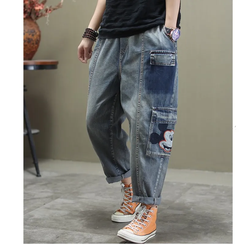 2020 весенние Свободные Лоскутные джинсы с рисунками животных из мультфильмов