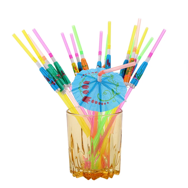 

100pcs/Disposable Plastic Straws Party Hawaii Color Striped Umbrella Straws Summer Swimming Pool Party Wedding Supplies