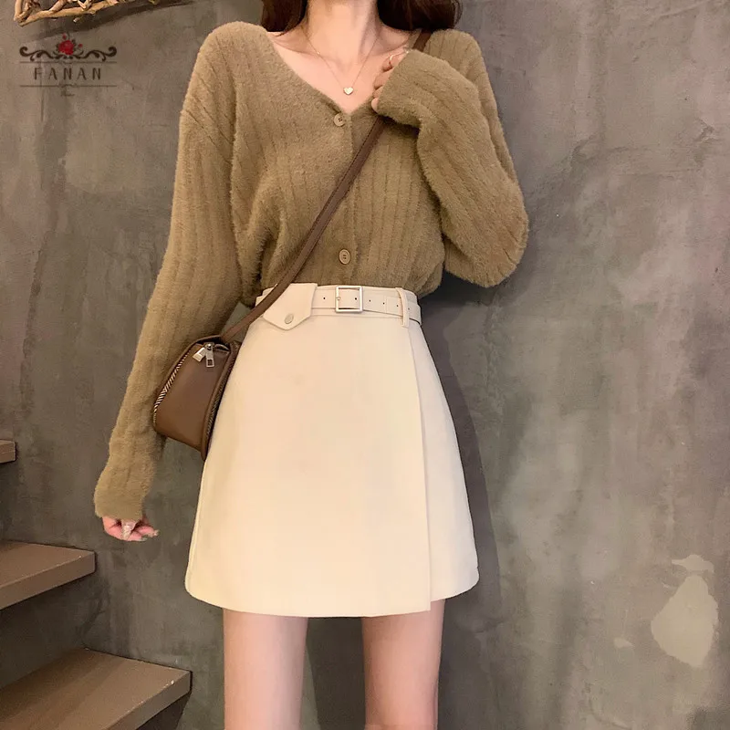 

High Waist Mini Skirt Woolen Cloth A-line Skirts for Women Belt Pocket Vintage Office Slim Skirt Solid Color Ladies Bottoms