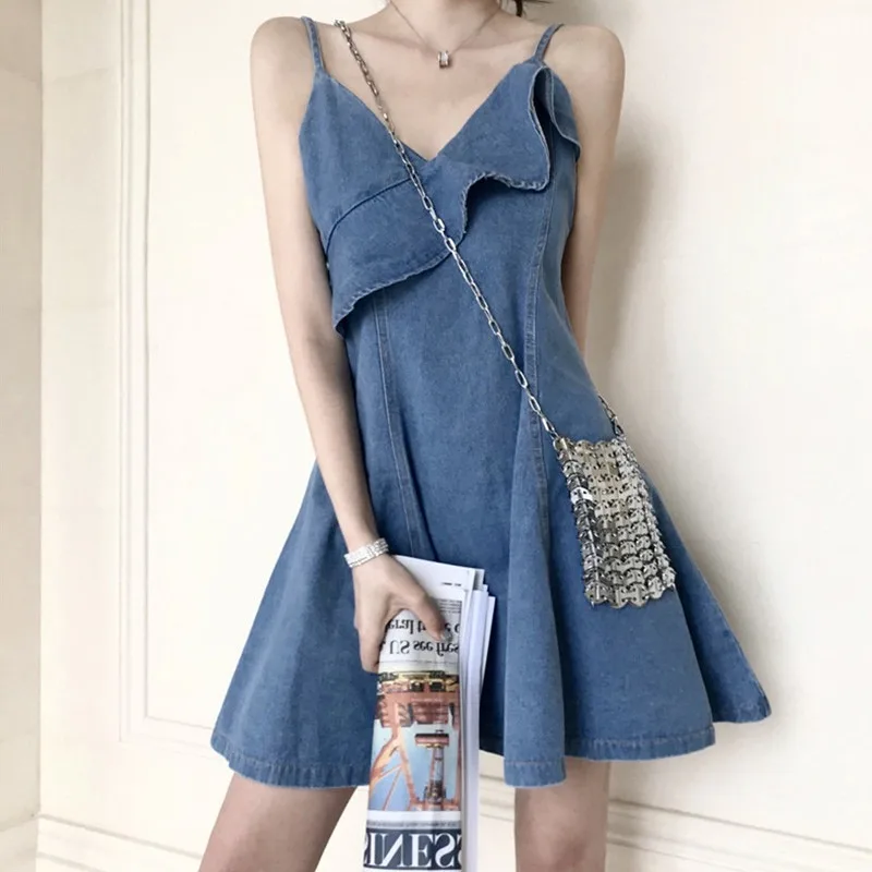 Женское летнее однотонное мини-платье винтажные джинсовые платья с оборками