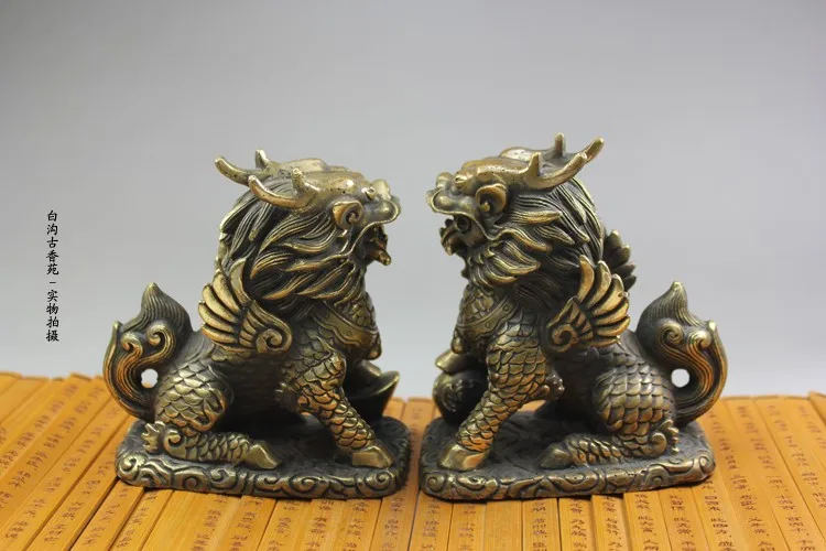 

ANTIQUE BRONZE PURE COPPER OLD BRASS 2PC KYLIN FURNISHING ARTICLES FURNISHING ARTICLES PLUTUS HOUSEHOLD HANDICRAFTS COLLECTION