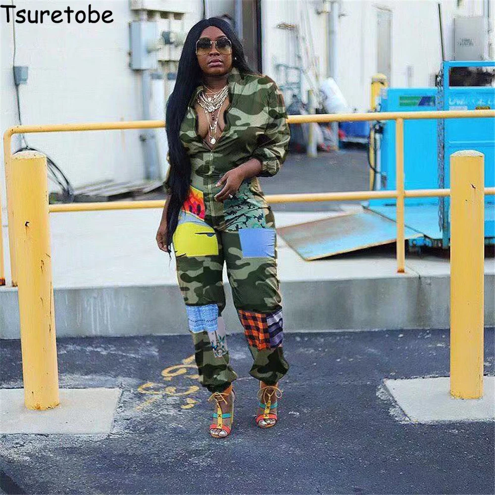 

Tsuretobe Plus Size Patchwork Jumpsuit Women Camo Club Outfits For Women Zipper Club Outfits For Women Casual Romper Salopette