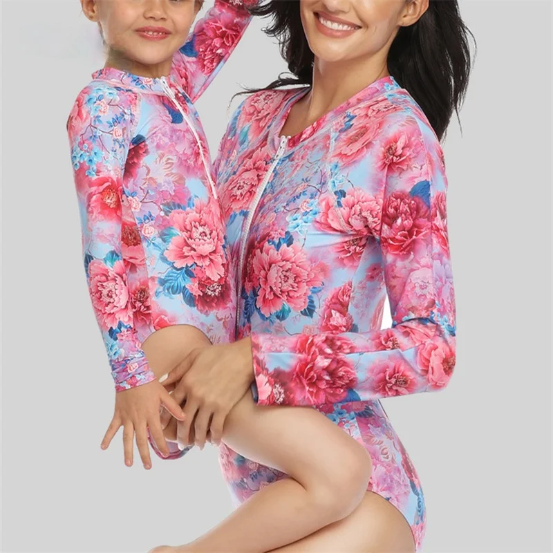 

One Piece Swimsuit Floral Parent-child Swimwear Women Print Long Sleeve Zipper Mother Daughter Family Matching Outfits Swim Suit