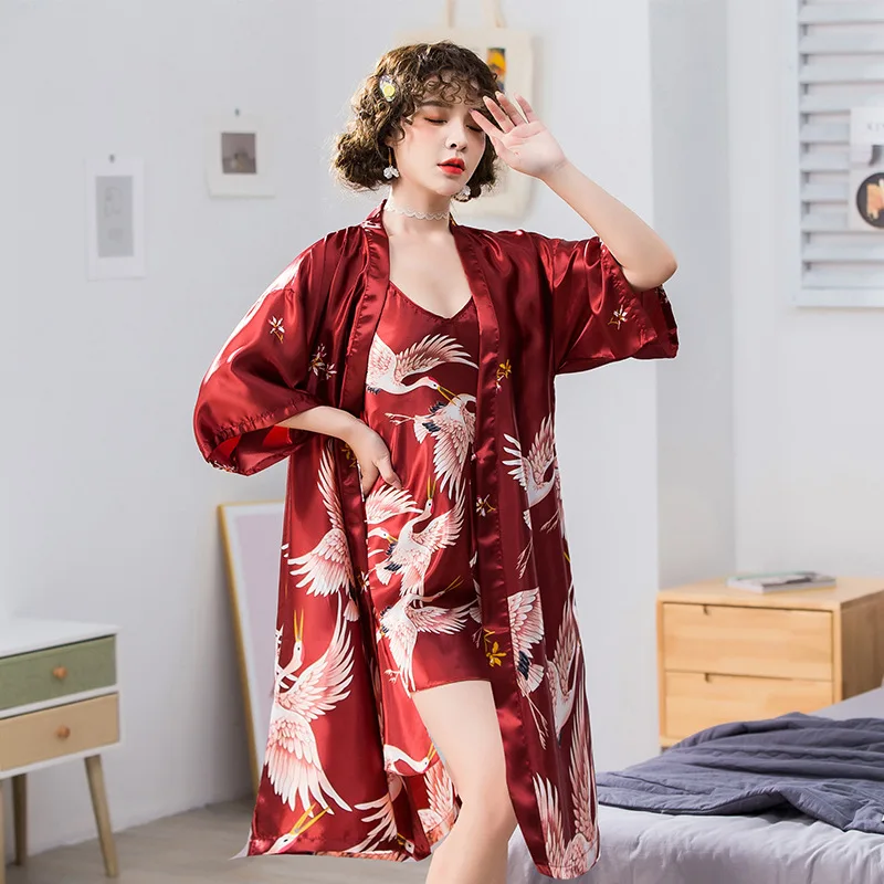 

Couple Sexy Robe Set Women Spring Summer And Autumn Loose Mid-Length Kimono Night Gown Thin Ice Silk Bathrobe Home Service 2PCS