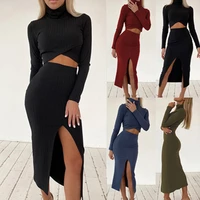 skinny turtlenecks midi skirts set for women 2021 autumn crop tops side split hip package skirt sets ladies sexy club party suit