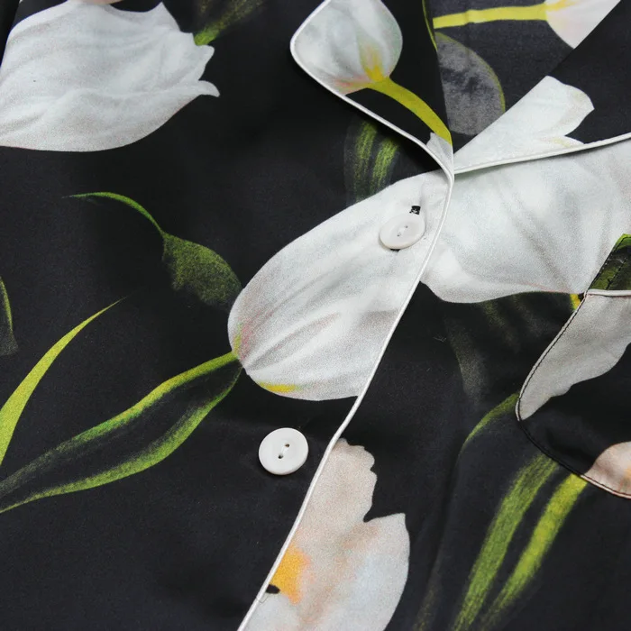 Pajamas Suit New 100% Silk Lady 2PCS Sleepwear Set Pijamas Black Printed Casual Intimate Lingerie Sexy Lounge Home Wear
