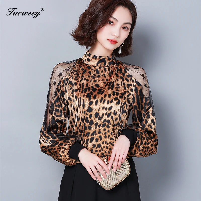 

2019 Womens tops and blouses Leopard print chiffon women blouse shirt female Stand collar Long sleeve women shirts