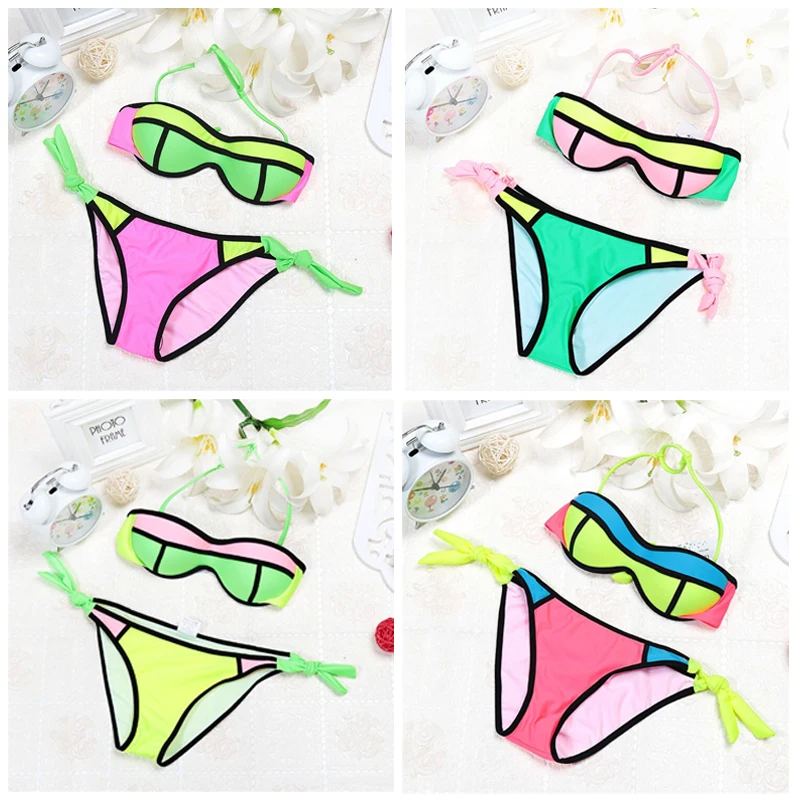 Женский слитный купальник однотонный детский с кисточками и лямкой на шее для