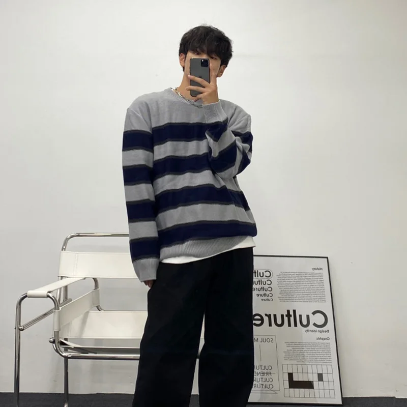 

2021 autumn and winter new bf lazy wind loose sweater men ins wind loose casual wild youth striped sweater