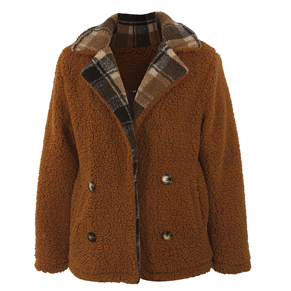 2019 Женское пальто зимний костюм воротник пэчворк цвет плед одно слово карман