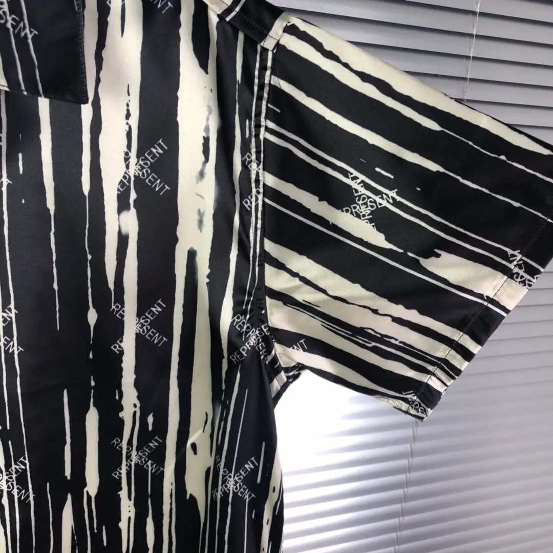 

2020 New Represent Striped Graffiti Short Shirts Men Women Couples 100% Cotton Shirts Oversized Hip-hop High Street Shirts