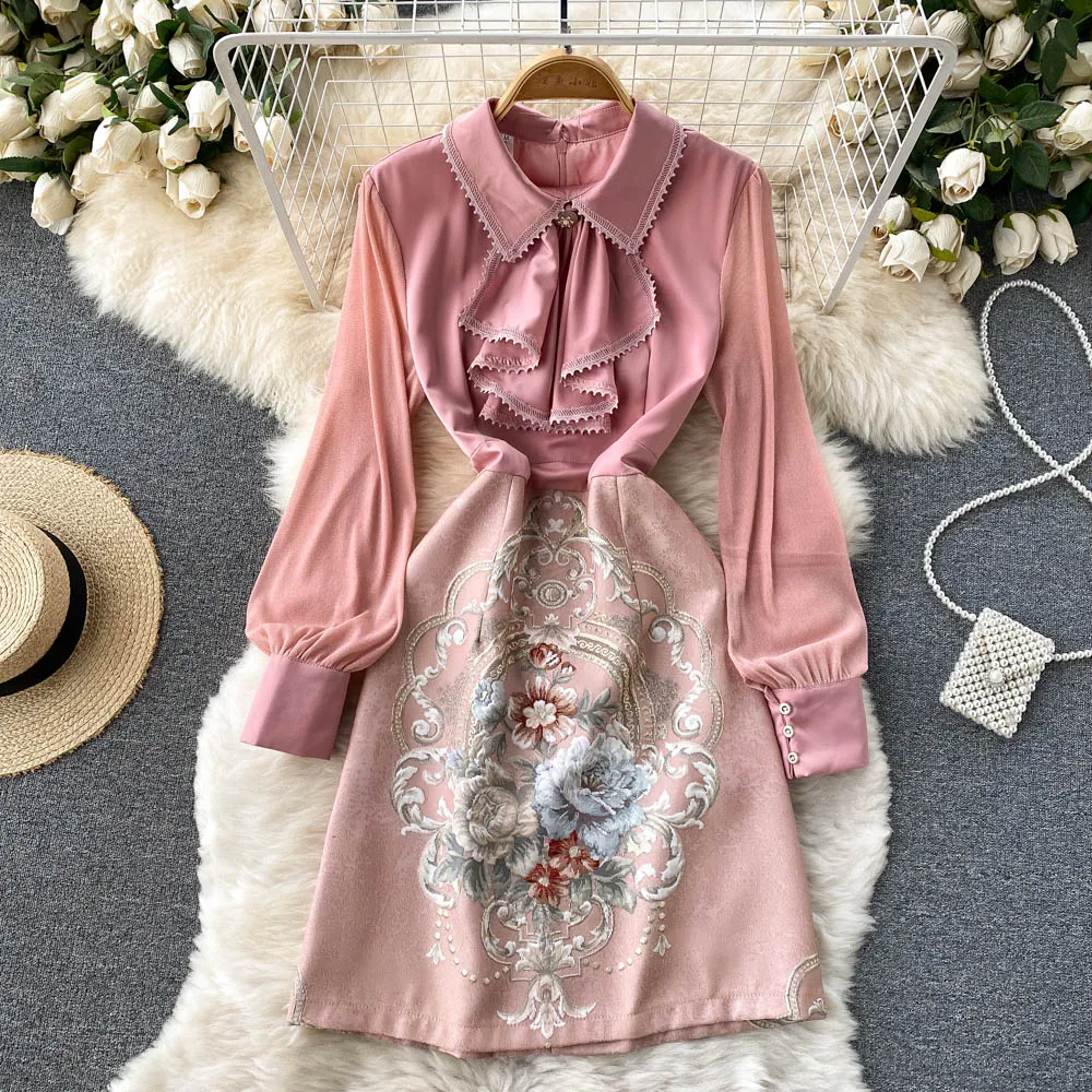 

JSXDHK High Quality Fashion Pink Women's Dress Elegant Spring Flower Embroidery Ruffles Peter Pan Collar Bodycon Party Vestidos