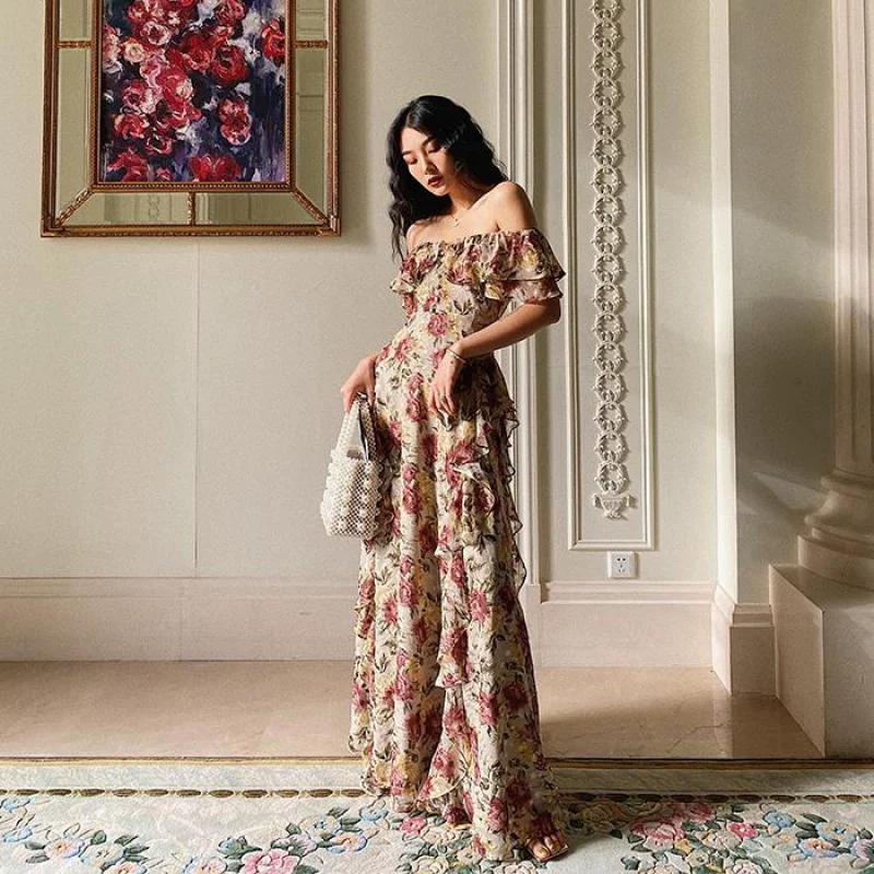 

2021 New Summer Holiday Fashion Plus Large Size Women Casual Dress Beach Wear Sexy Boho Floral Print Maxi Long Bohemian Dress