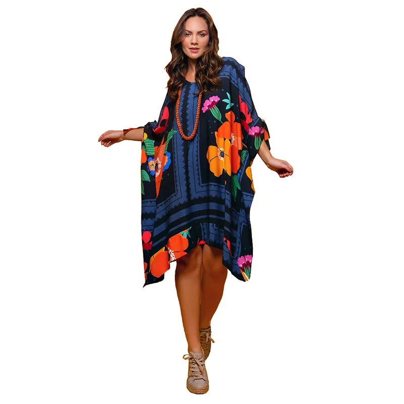 

Beach Tunics Woman Beachwear For Women Swimsuits Kaftan Summer New Zhongdong Print Robe Loose Dress Acetate
