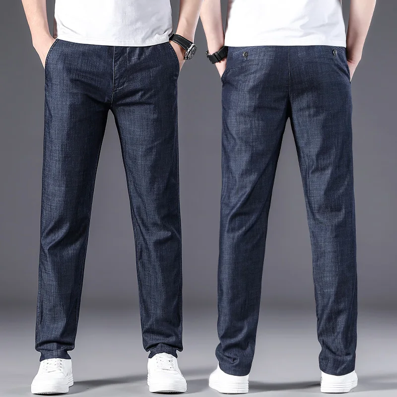 Fashion Ice Silk Jeans Men Modal Loose Straight Business Pants Mens Summer Thin