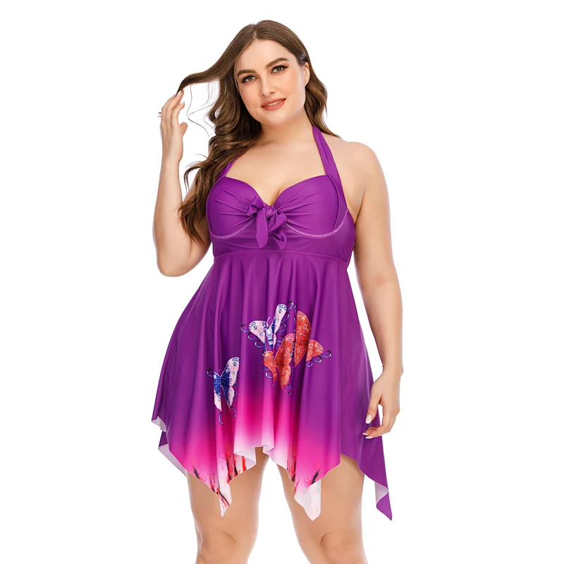 

Purple Butterfly Print V-neck Swimsuit High Waist Triangle Lady Swimwear Two Pieces Swimsuit for Women Bowknot Push Up Swimdress
