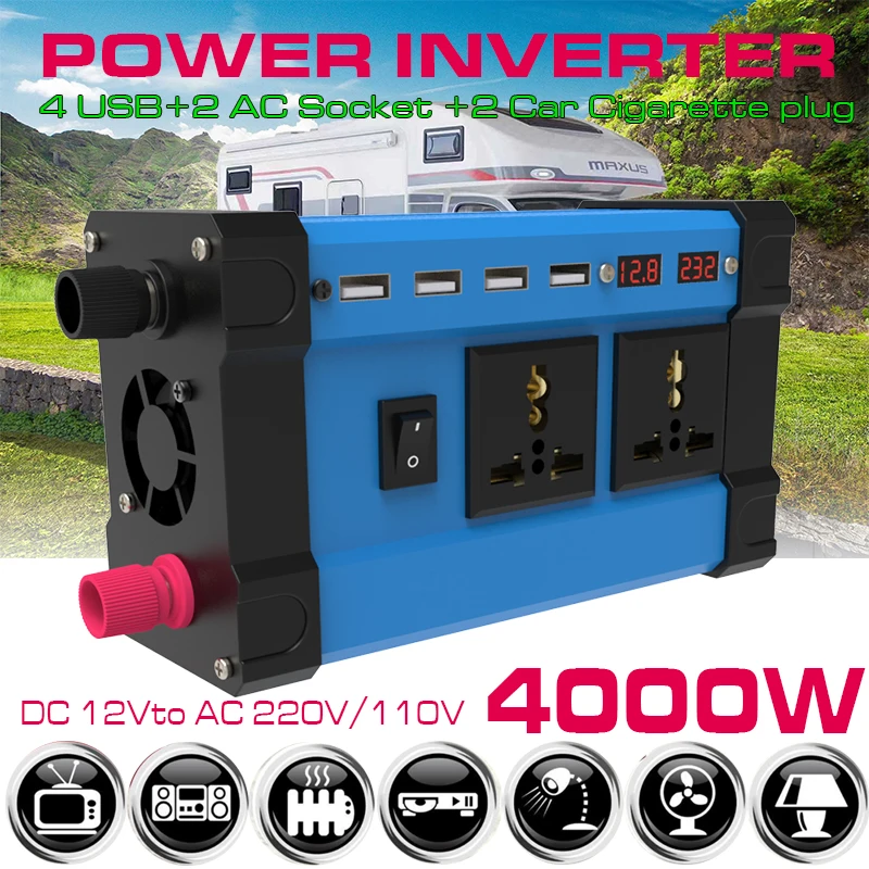 

4000W Car Power Inverter 12V 220V 110V DC to AC Solar Inversor 12 V 220V Sine Wave Convertor Auto Inverter