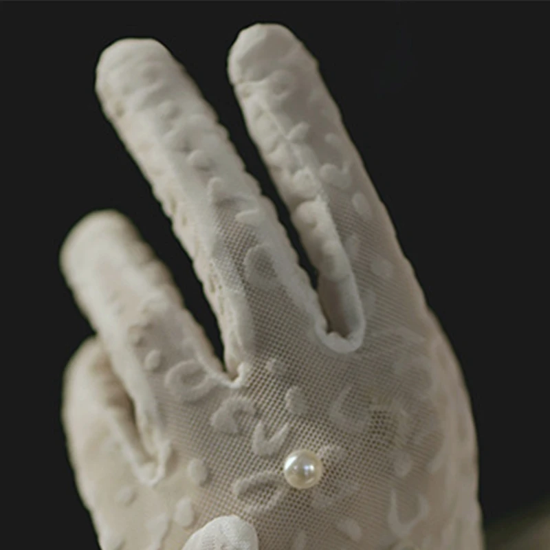 

Women Vintage Sunscreen Full Finger Short Gloves Solid Color Sheer Floral Lace Jacquard Ruffles Trim Driving Mittens