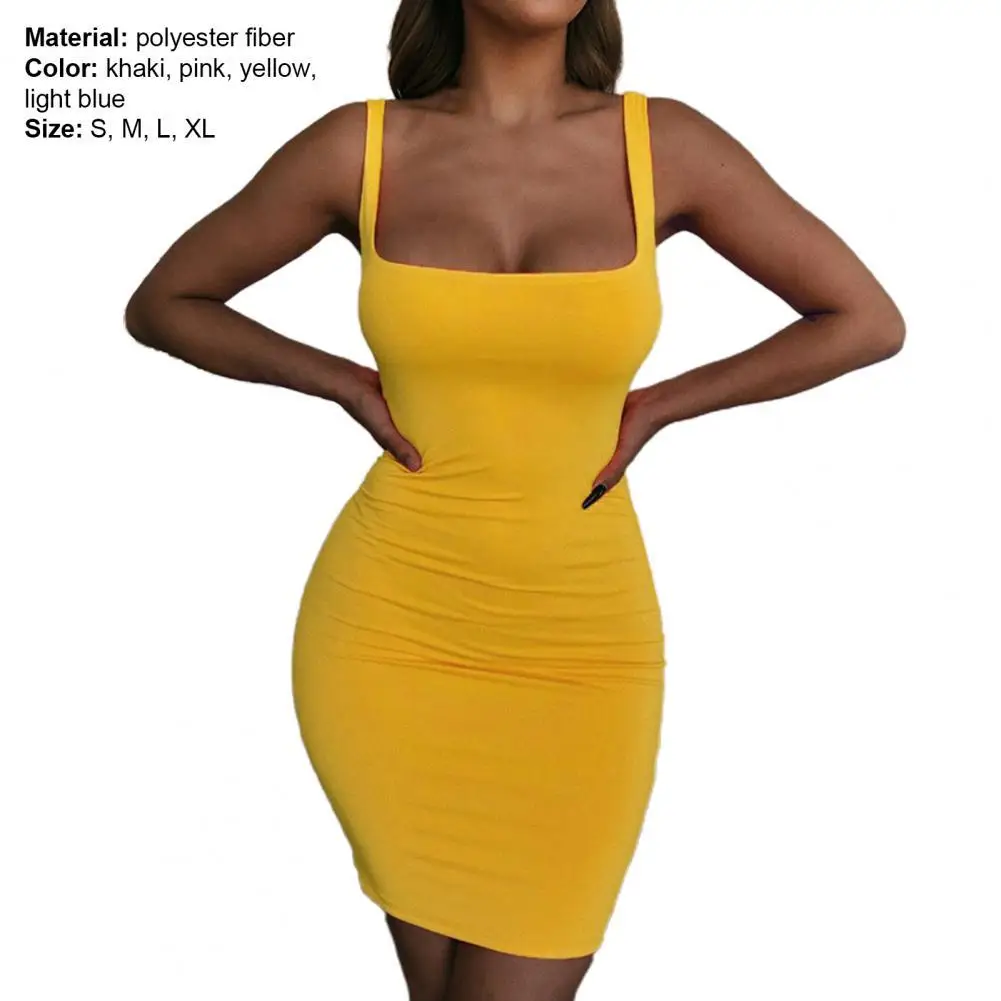 

2021Summer New Vierkante Hals Mouwloze Bodycon Mini Jurk Basic Vrouwen Zomer Zwart Backless Party Sexy Geel Clubwear Breathable