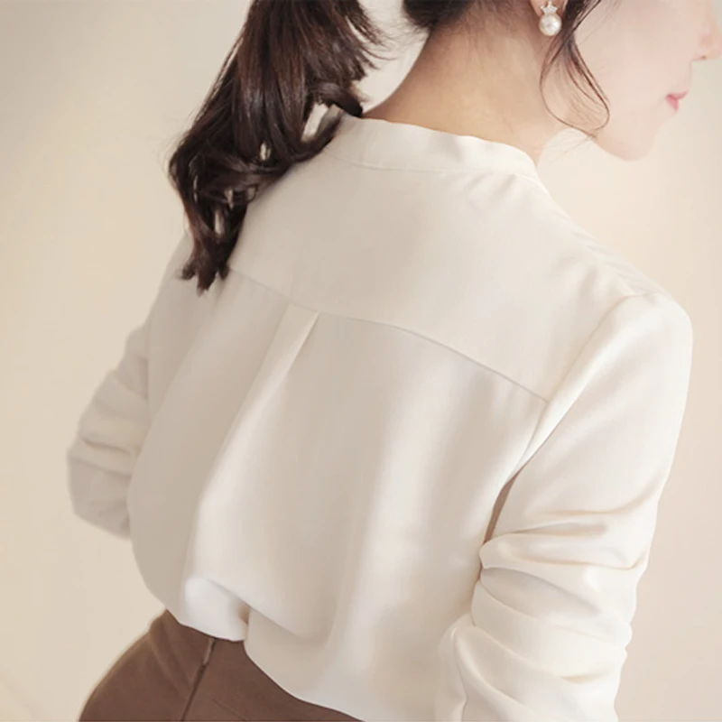 

High Quality Spring Autumn Elegant White Women Tops Long Sleeve Chiffon Blouse Female Work Wear shirt