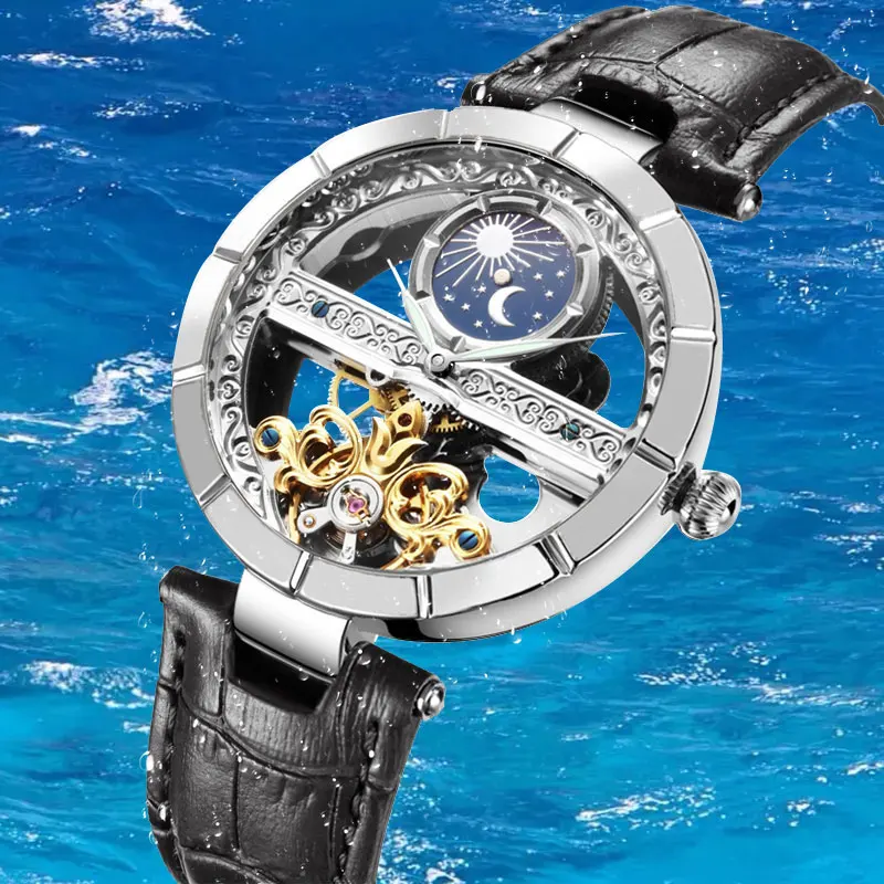 

Skeleton Watches Mechanical Automatic Watch For Women Fashion Watch Moon Phase Female Leather Watch Wristwatch Clock Reloj Mujer