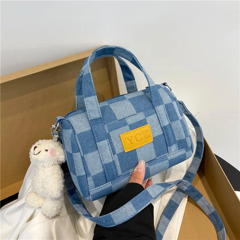 

Женская холщовая маленькая сумочка в Корейском стиле, винтажная Повседневная джинсовая клетчатая сумка на плечо в стиле ins, Студенческая По...