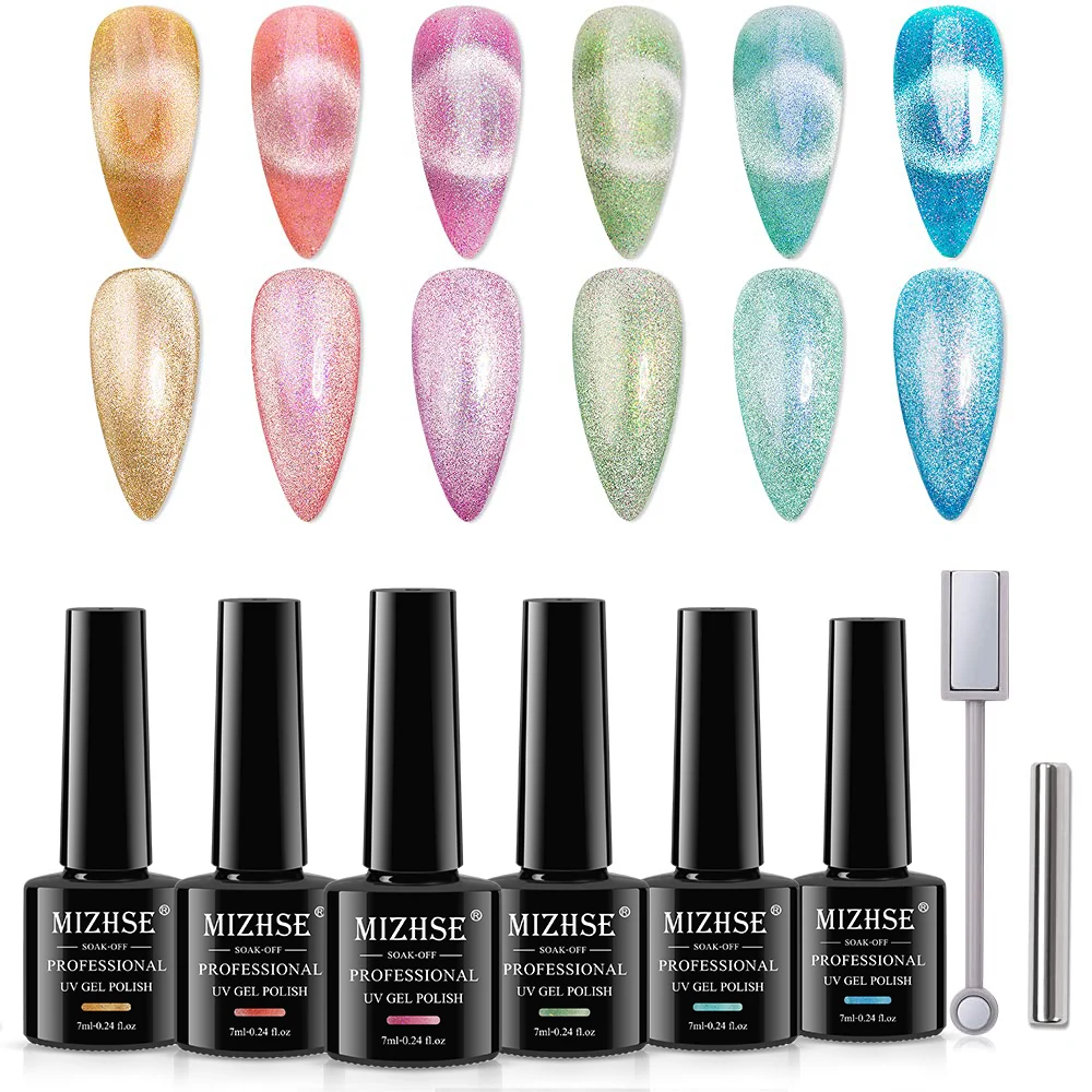 

MIZHSE 6pcs/set Gel Nail Polish Set Cat Eye Magnetic Gel Nail Art Semi Permanent Enamel Gel Varnish Nail Polish for Manicure